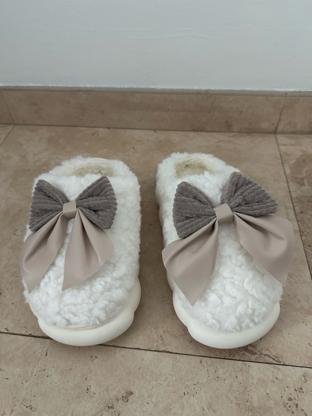Cozy White Sherpa Slippers with Taupe Bow